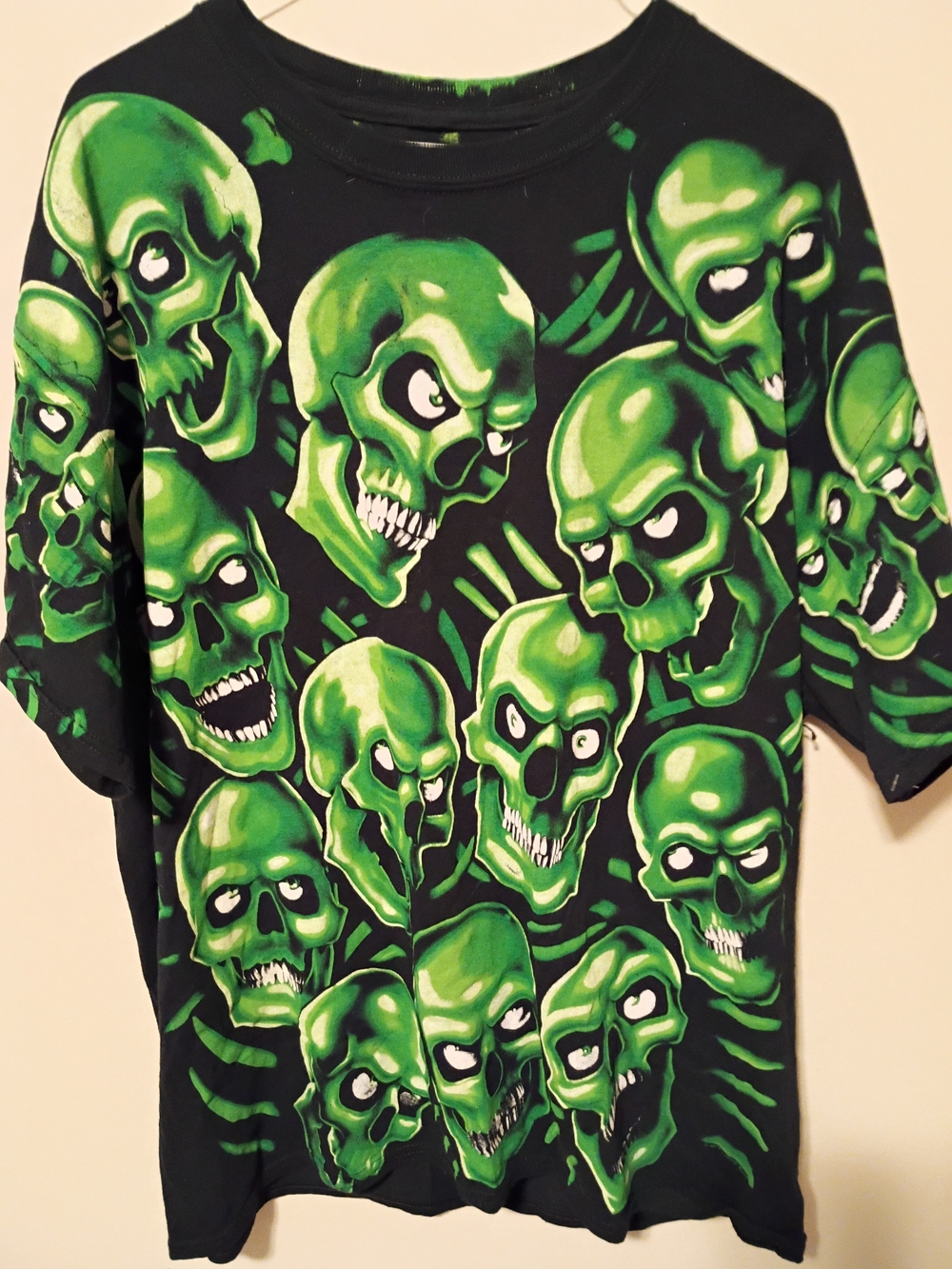 Liquid Blue Black Tee with Neon Green Skull Collage